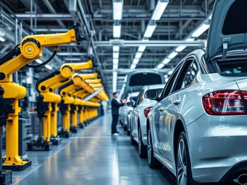 IATF 16949 automotive quality management — car assembly line with robotic manufacturing and quality inspection
