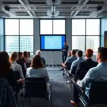 Illustrative image of a presenter and attendees in a training room