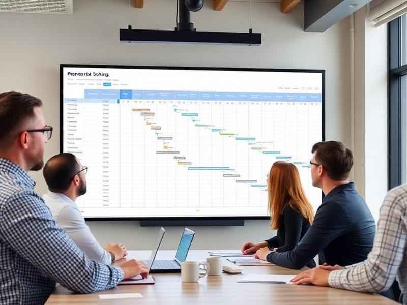 ISO 21502 project management — team reviewing Gantt chart and project planning