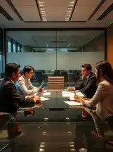 Illustrative image of four colleagues reviewing documents around a meeting table