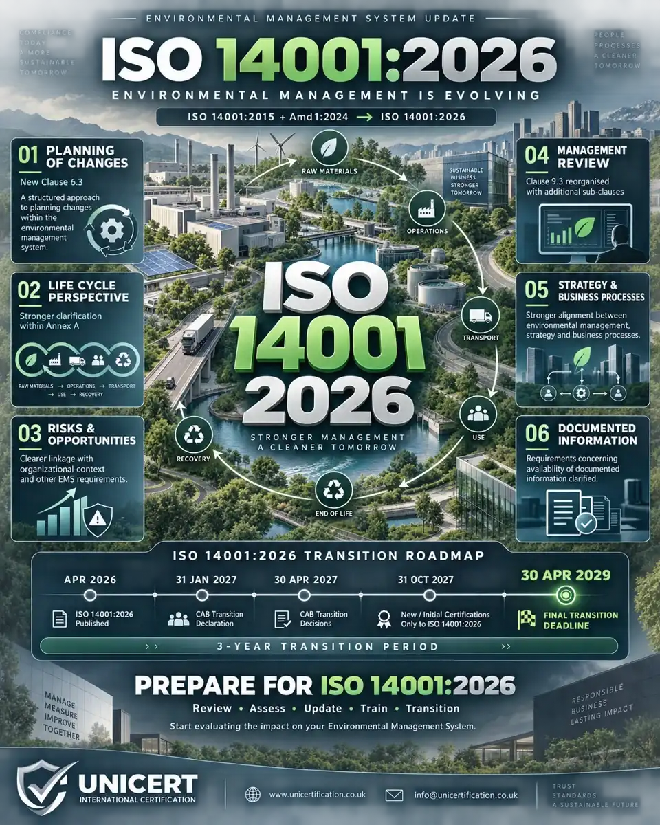 ISO 14001:2026 key changes and three-year transition roadmap infographic
